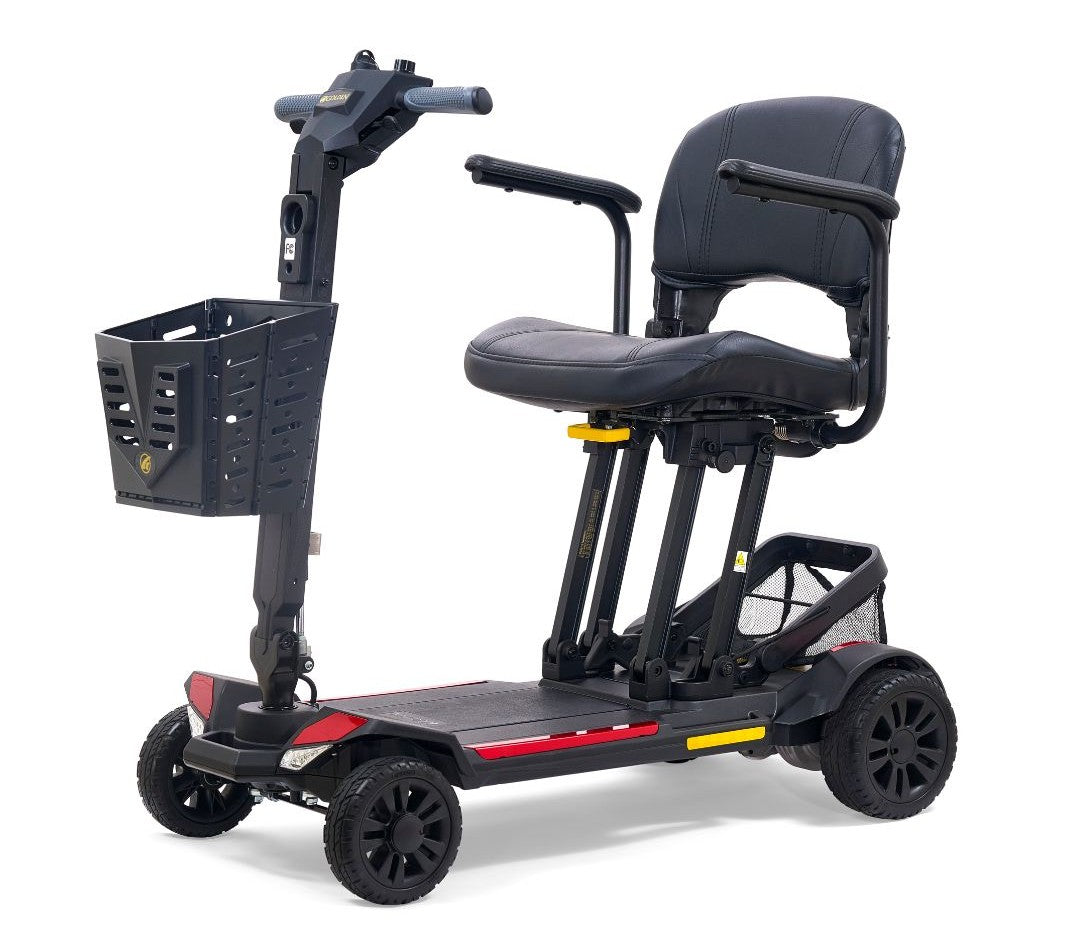 Golden Technologies Buzzaround CarryOn folding mobility scooter in red — compact travel scooter for indoor and airline use