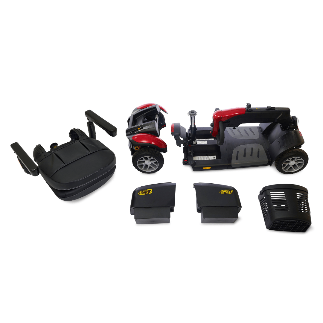 Golden Technologies Buzzaround LX 4-Wheel Mobility Scooter in Red Broken Down