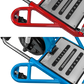 Close-up of a red and blue metal stand with 'Tri axle Sport' branding on a white background.