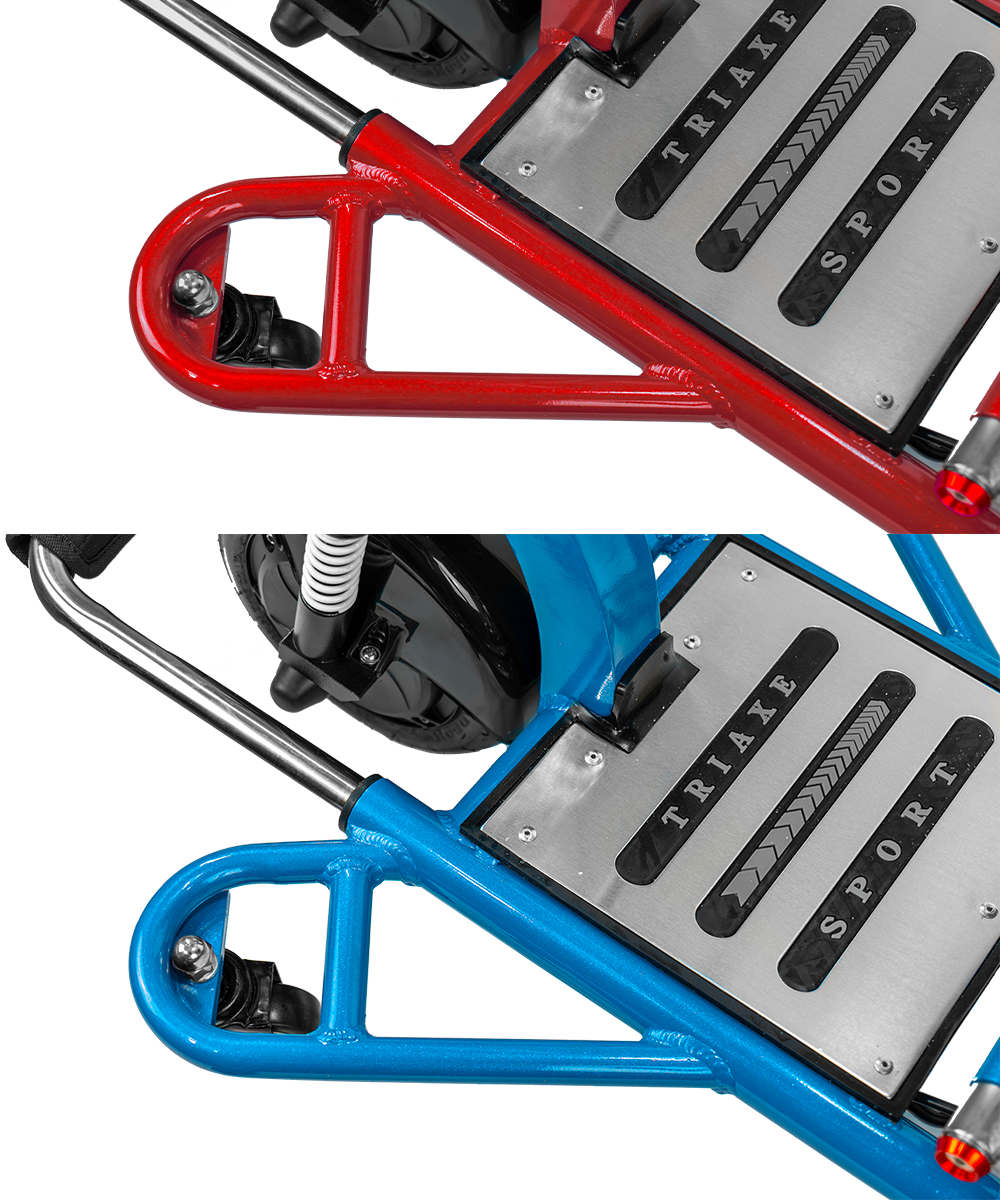 Close-up of a red and blue metal stand with 'Tri axle Sport' branding on a white background.