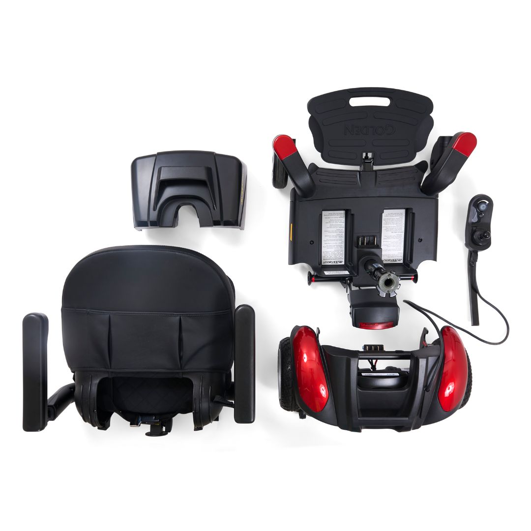Golden Technologies BuzzAbout Travel Electric Wheelchair in Red Disassembled