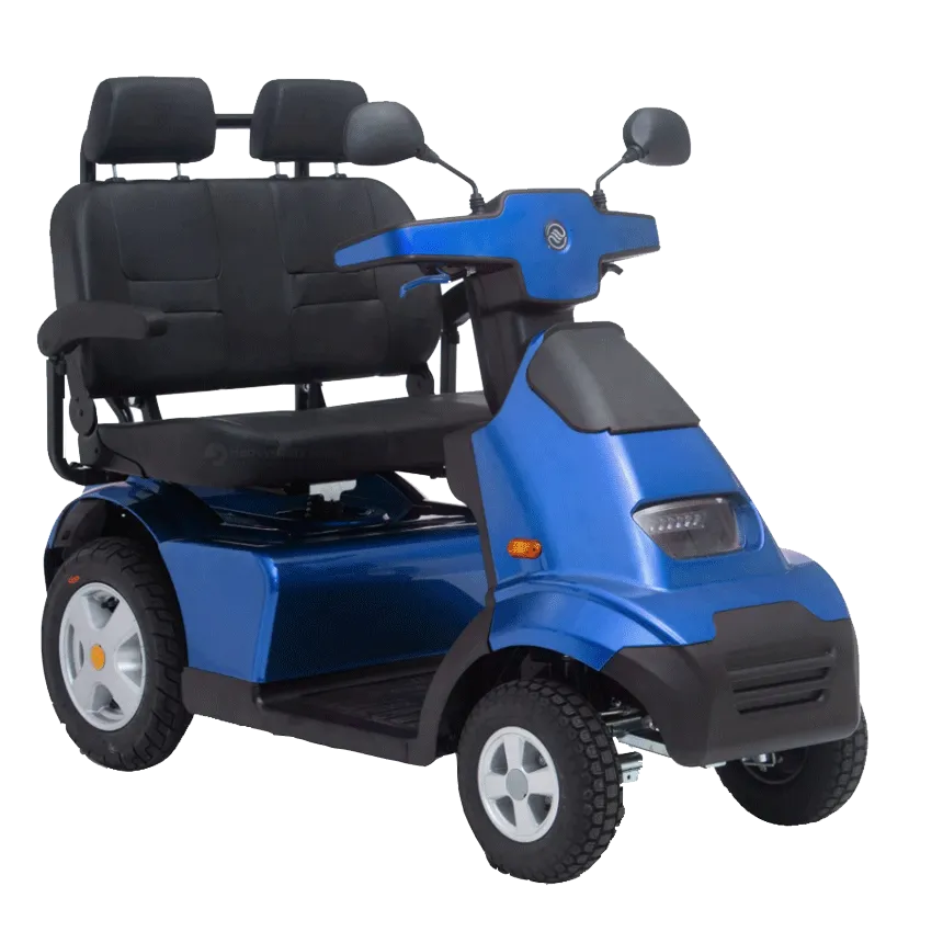 A blue Afikim Afiscooter S4 Dual Seat mobility scooter with a black seat and silver accents.