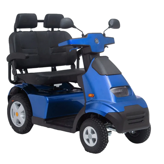 A blue Afikim Afiscooter S4 Dual Seat mobility scooter with a black seat and silver accents.