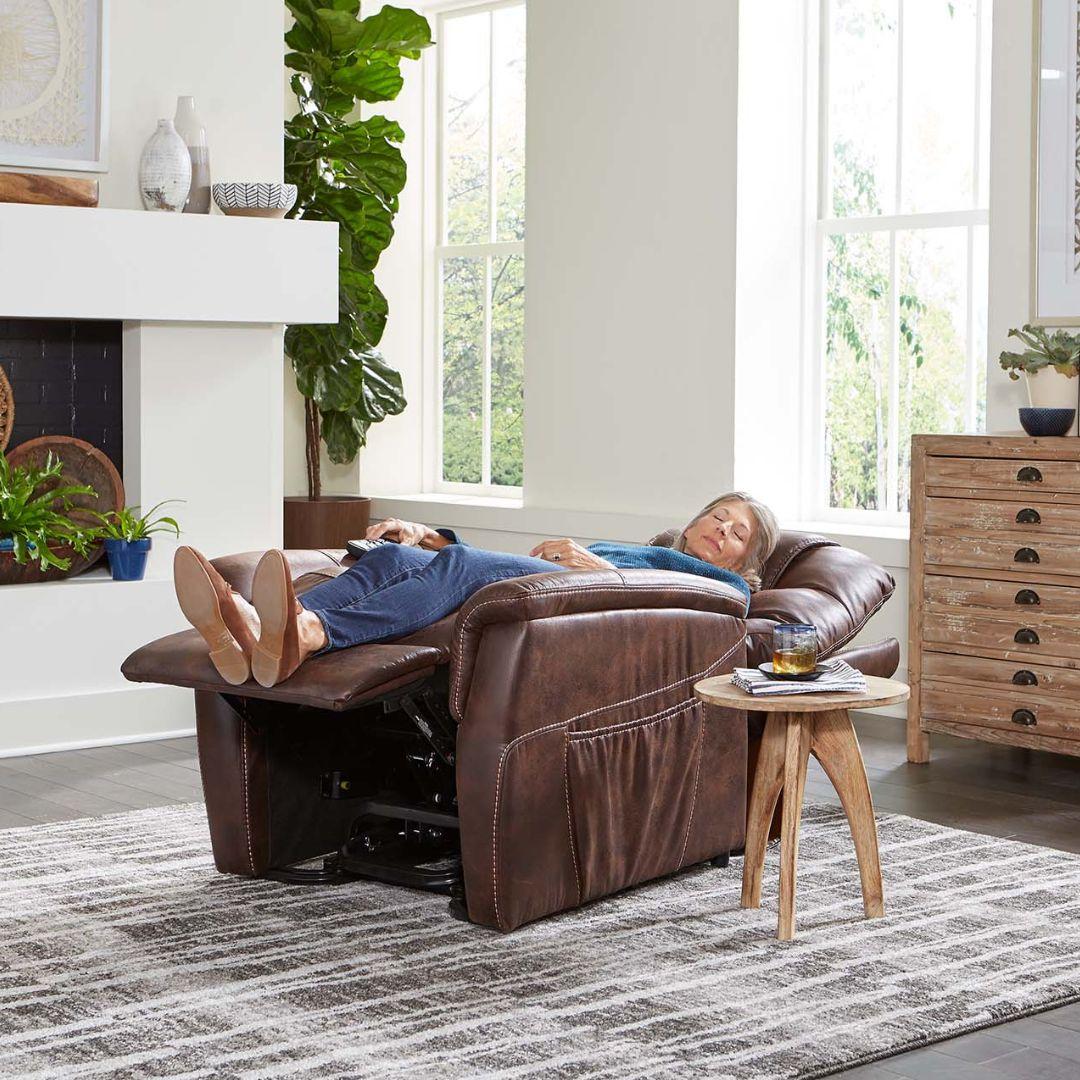 Person relaxing in a Golden Technologies PR-446 Dione Infinite Position Lift Chair Recliner 