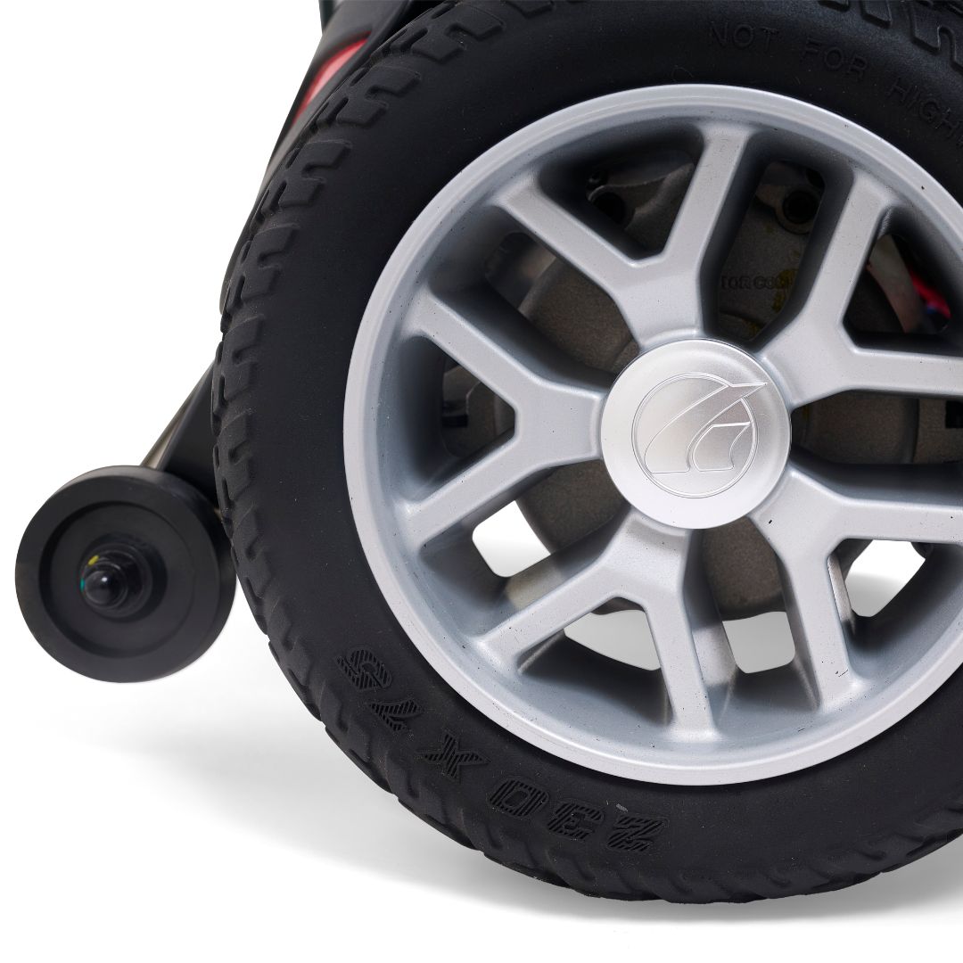 Golden Technologies BuzzAbout Travel Electric Wheelchair in Red Wheel