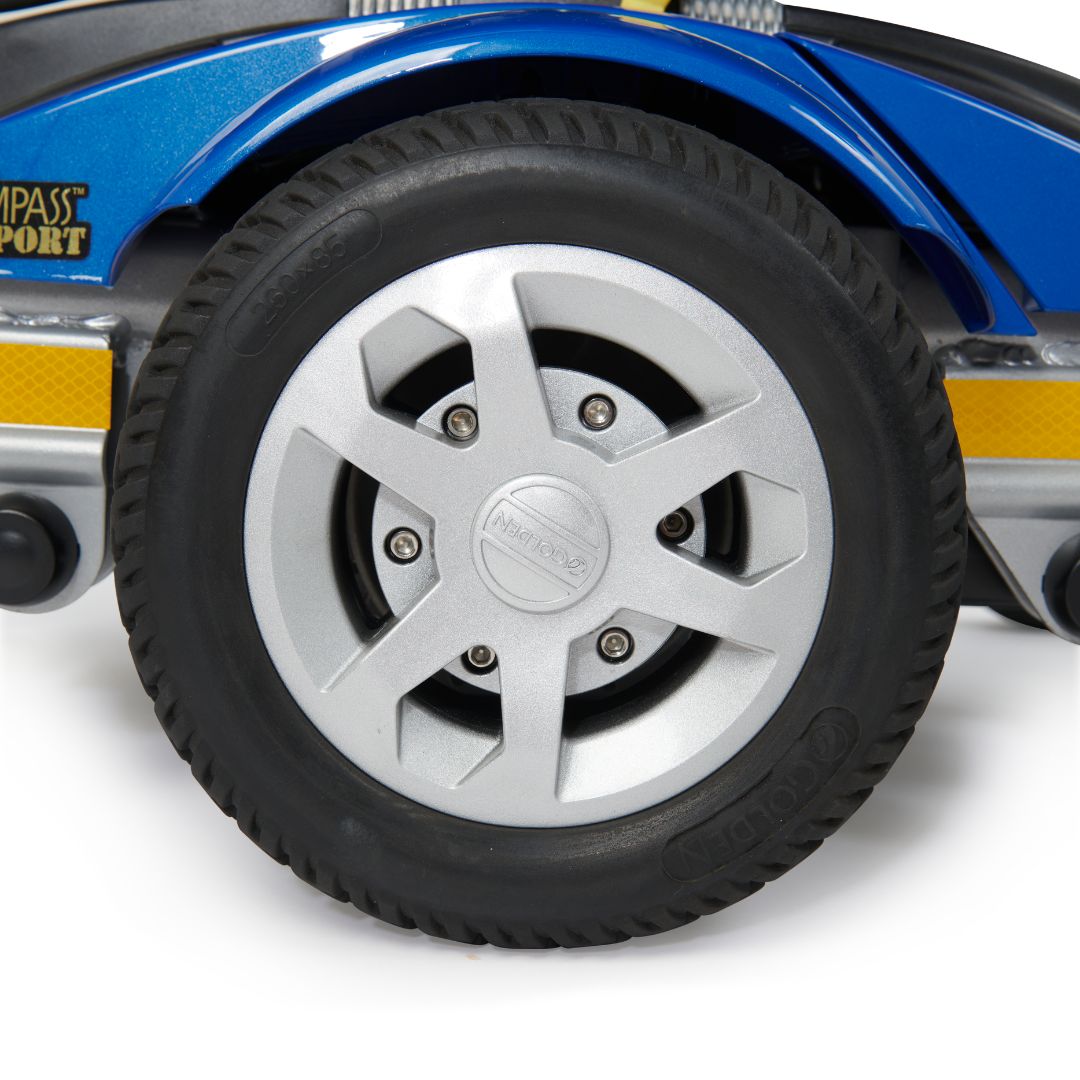 Golden Technologies Compass Sport Power Wheelchair in Blue Tire