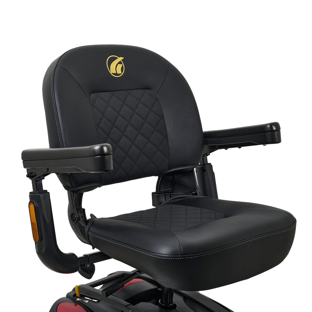 Buzzaround EX 4-Wheel Scooter mobility scooter in red with basket on a white background seat