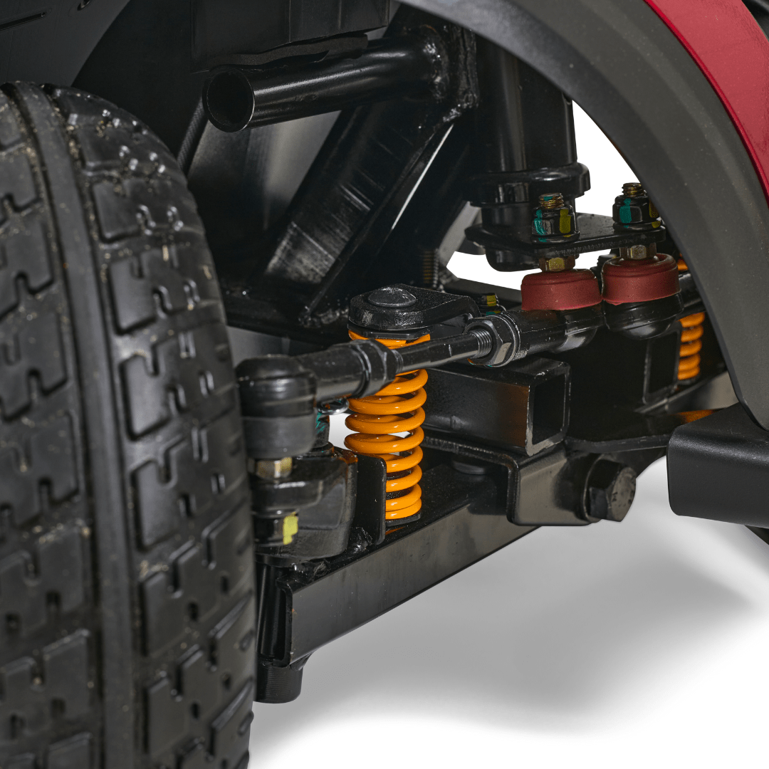 Buzzaround EX 4-Wheel Scooter mobility scooter in red with basket on a white background suspension 