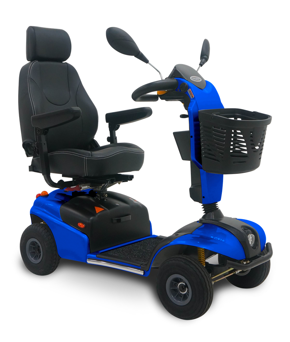 A mid-size four-wheel mobility scooter with a black seat, blue body, and front basket, known as the Shoprider Explorer.