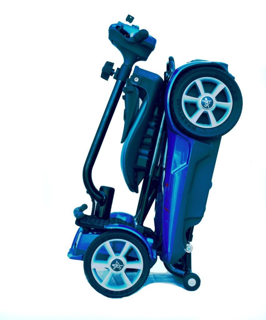 EV Rider Transport 4AF Automatic Folding Travel Mobility Scooter in Blue Folded