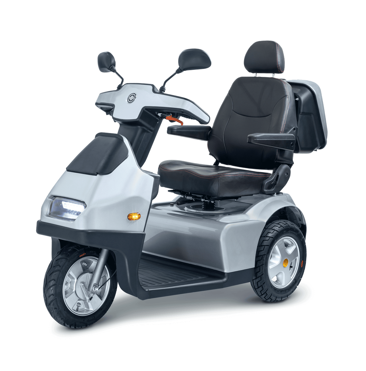 A silver Afikim Afiscooter S3 Dual Seat mobility scooter with three wheels and a dual seat configuration, designed for outdoor use.