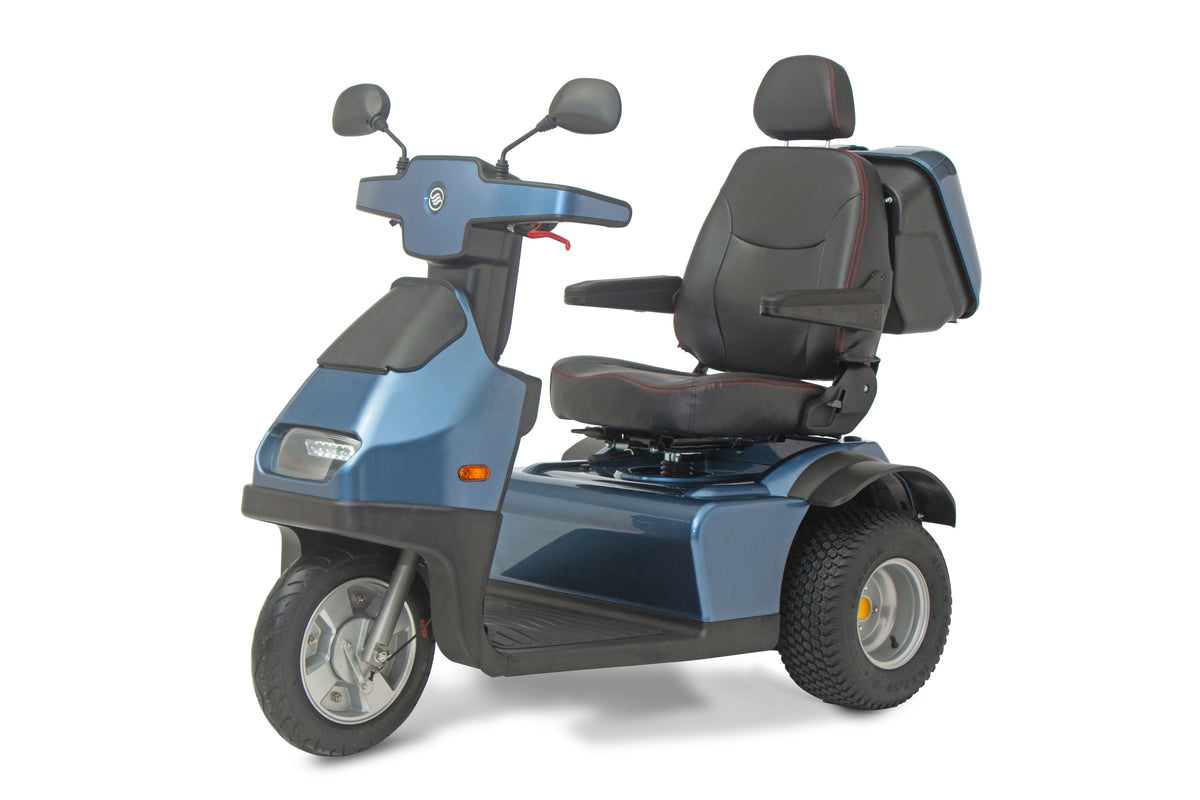 A blue Afikim Afiscooter S3 with canopy, a 3-wheel outdoor heavy-duty mobility scooter.