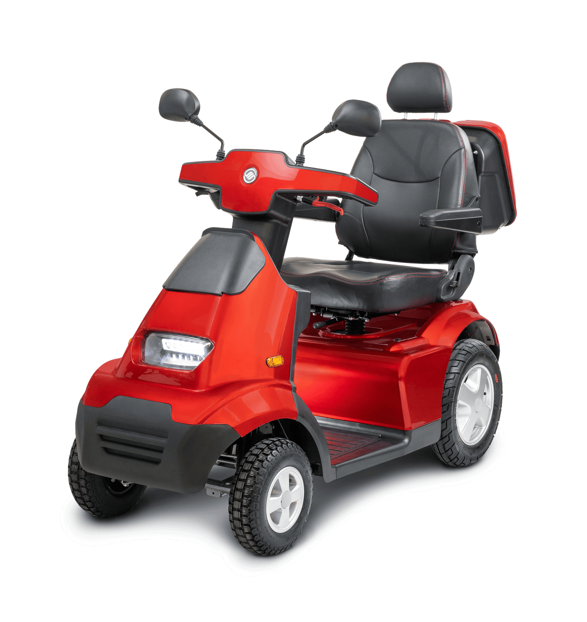 A red Afikim Afiscooter S 4-Wheel mobility scooter with a black seat, displayed against a plain background.