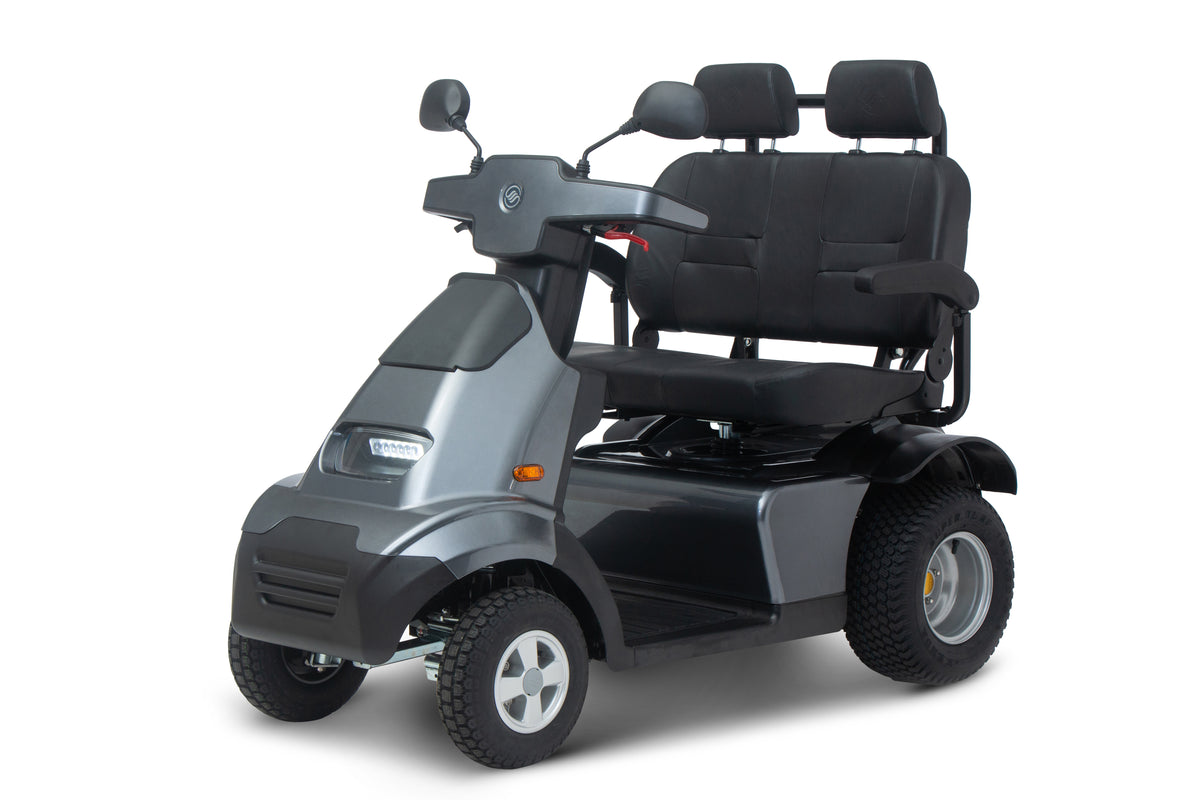 A grey Afikim Afiscooter S4 Dual Seat mobility scooter with a black seat and silver accents.
