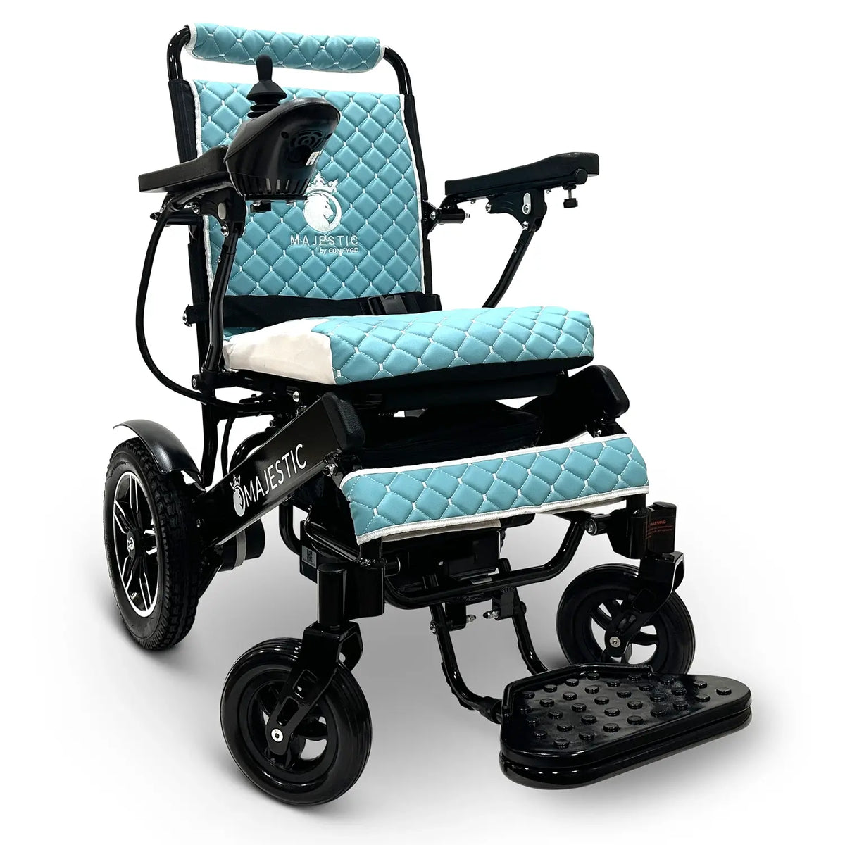 MAJESTIC IQ-8000 Remote Controlled Lightweight Electric Wheelchair in Black Frame with Teal Overlay