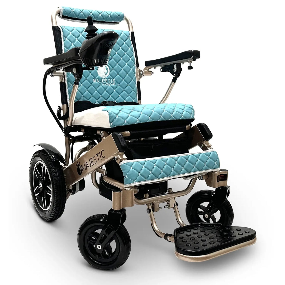 MAJESTIC IQ-8000 Remote Controlled Lightweight Electric Wheelchair in Gold Frame with Teal Overlay