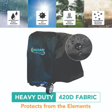 A black mobility scooter cover with the brand name 'Suncoast Mobility' and the text 'Heavy Duty 420D Fabric' on it, presented against a background with rain, sun, and palm trees illustrating the cover's protective features.
