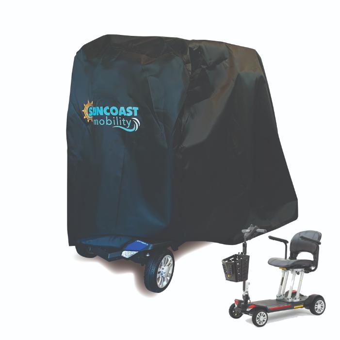 A black mobility scooter cover with the Suncoast Mobility logo on the side, displayed over a mobility scooter.