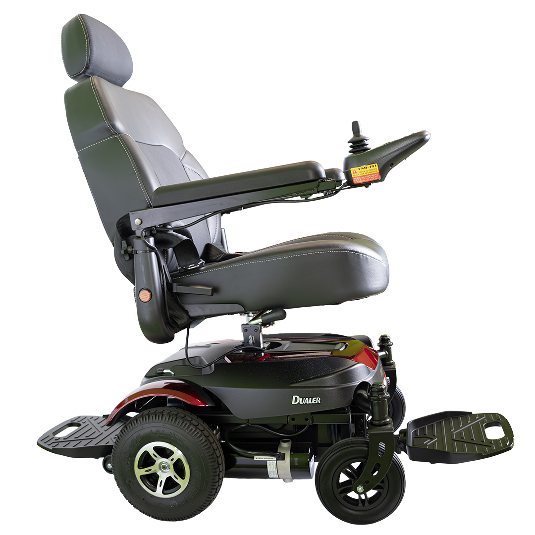 Power wheelchair with gray seat and black frame on a white background
