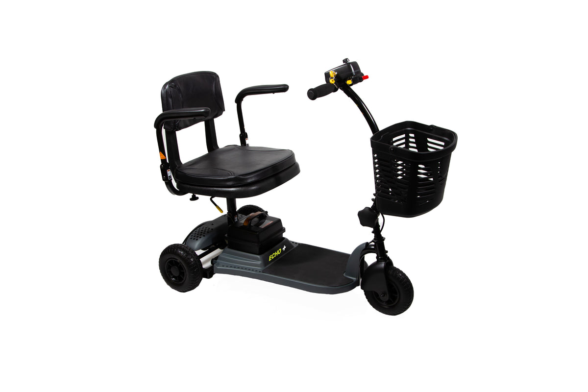 A Shoprider Echo+ mobility scooter in black color with a basket, solid tires, and a folding frame.