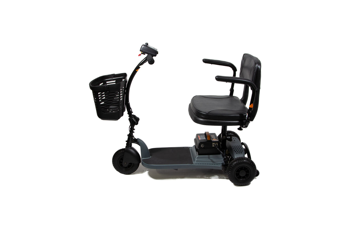 A Shoprider Echo+ mobility scooter in black color with a basket, solid tires, and a folding frame.