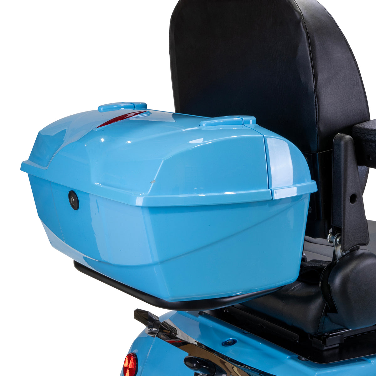 Bespoke Elite 3-Wheel All-Terrain Recreational Mobility Scooter in Blue Locking Compartment Closed