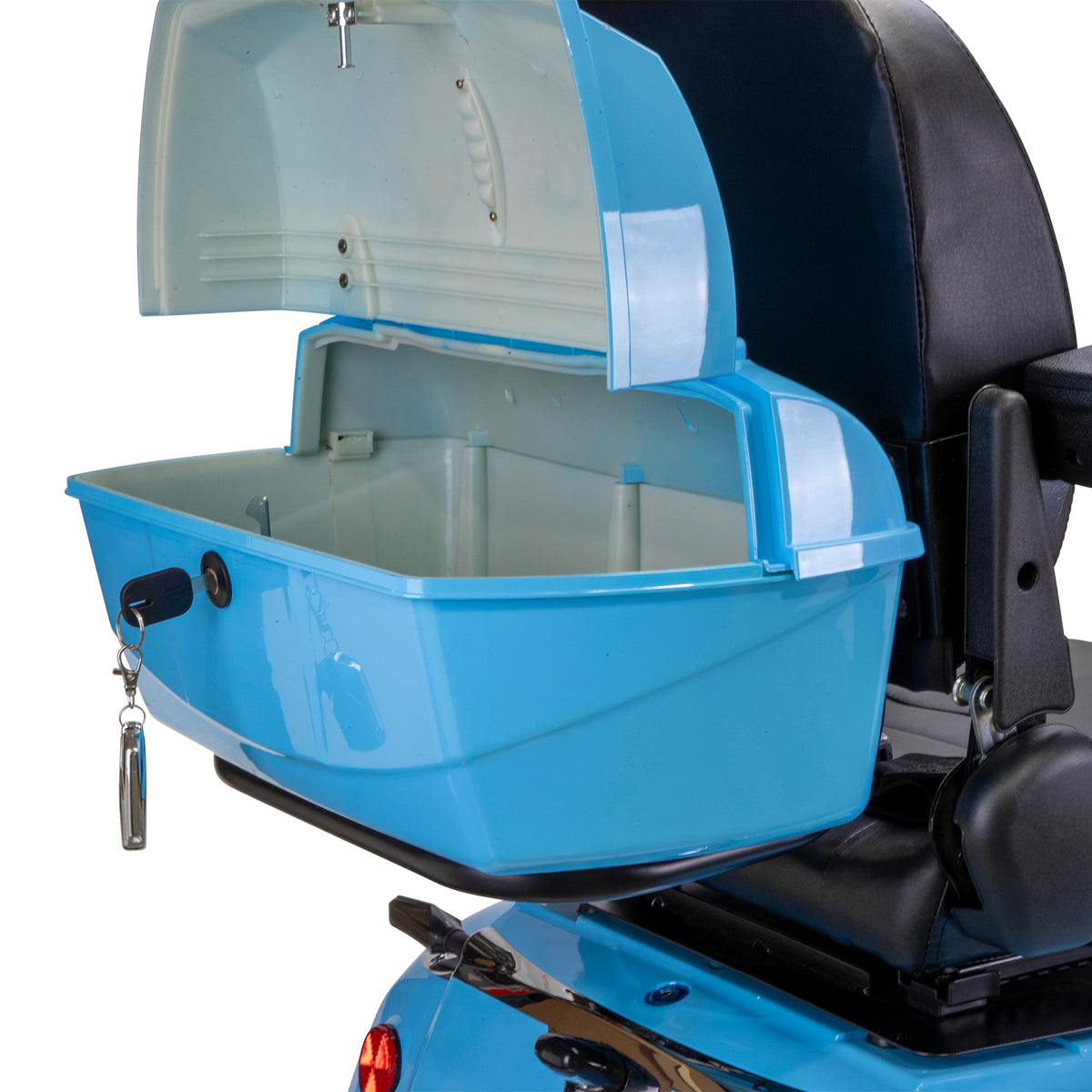 Bespoke Elite 3-Wheel All-Terrain Recreational Mobility Scooter in Blue Locking Compartment Opened