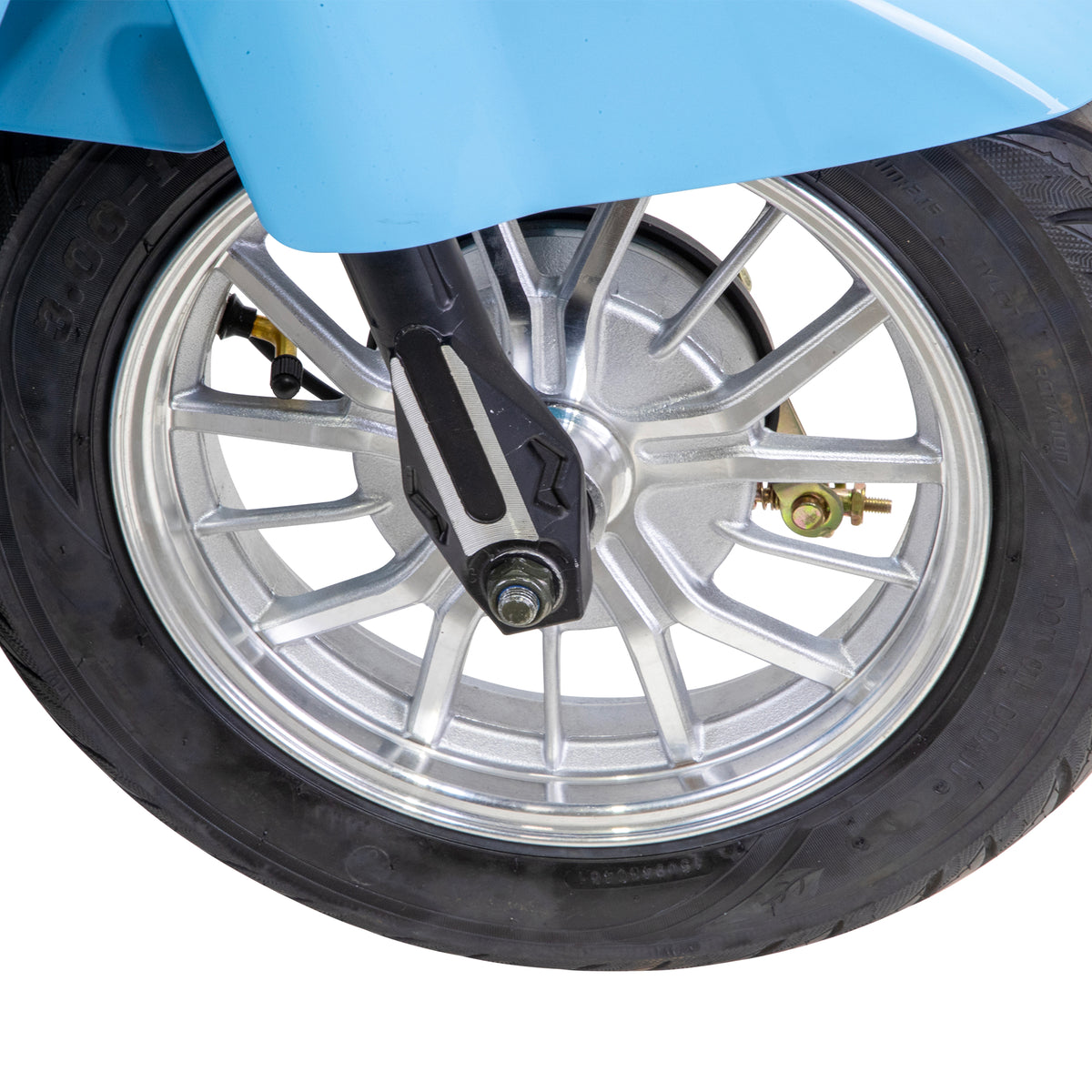 Bespoke Elite 3-Wheel All-Terrain Recreational Mobility Scooter in Blue Front Tire