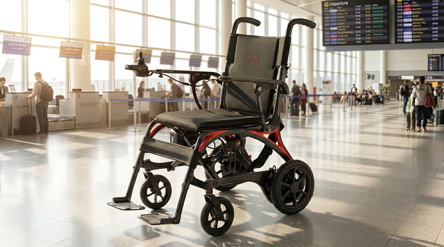 Monarch Mobility Ezi Fold Carbon Folding Power Wheelchair in Airport