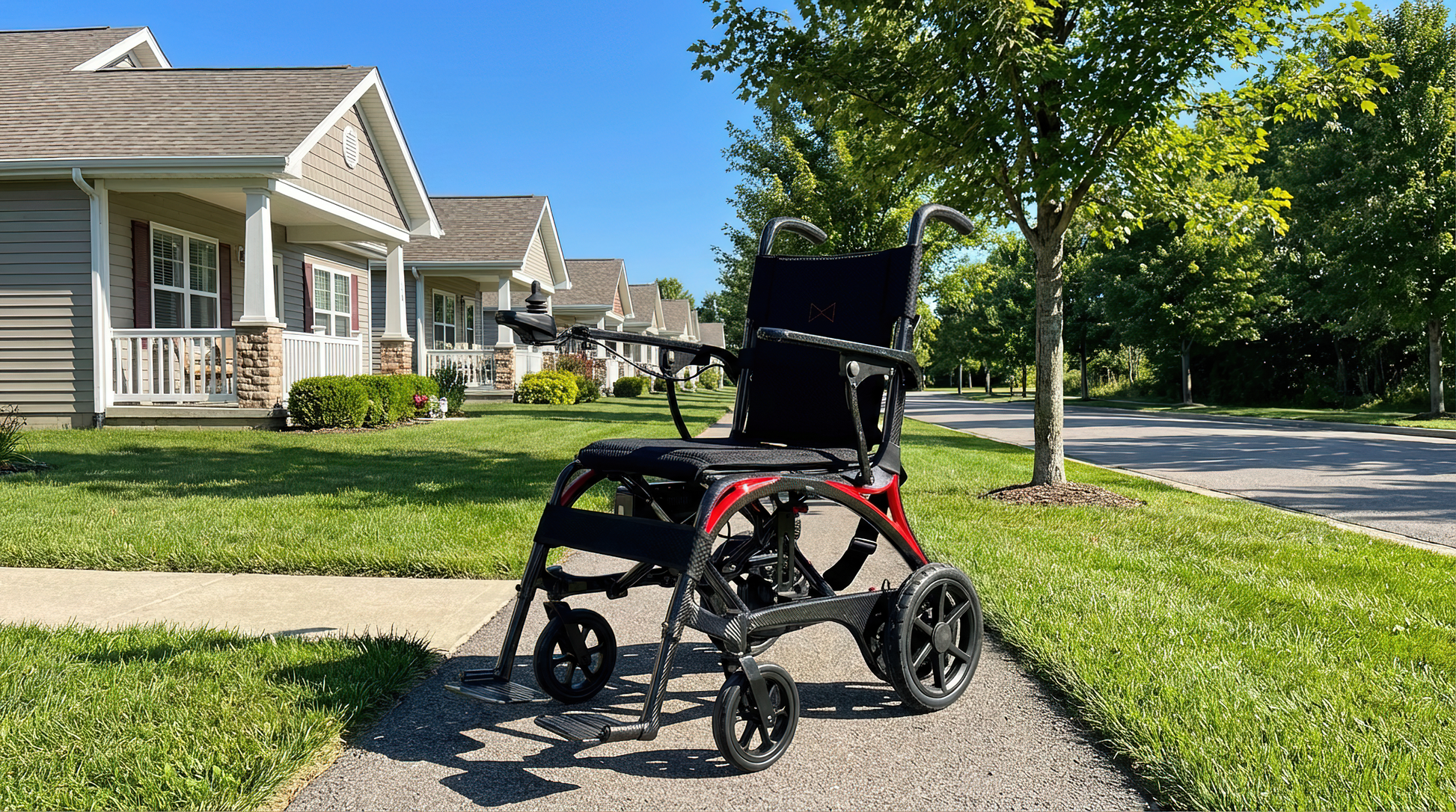 Monarch Mobility Ezi Fold Carbon Folding Power Wheelchair on Sidewalk