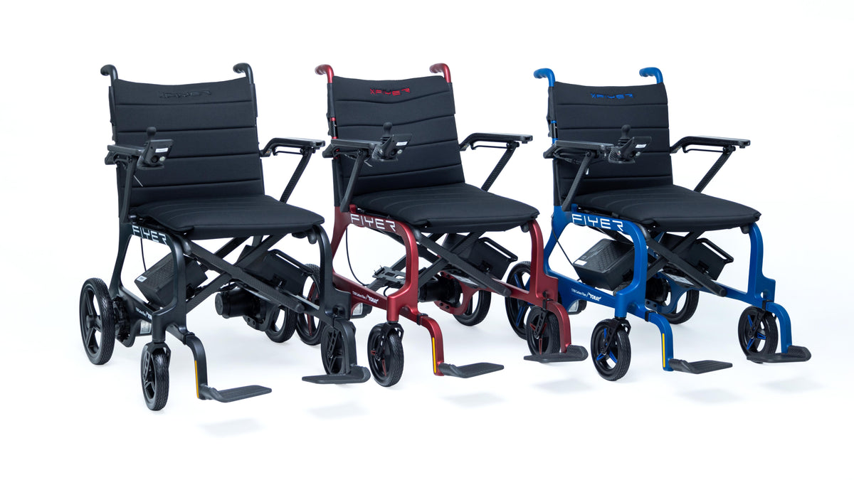Monarch Mobility Flyer Power Wheelchair in Blue, Red, Black