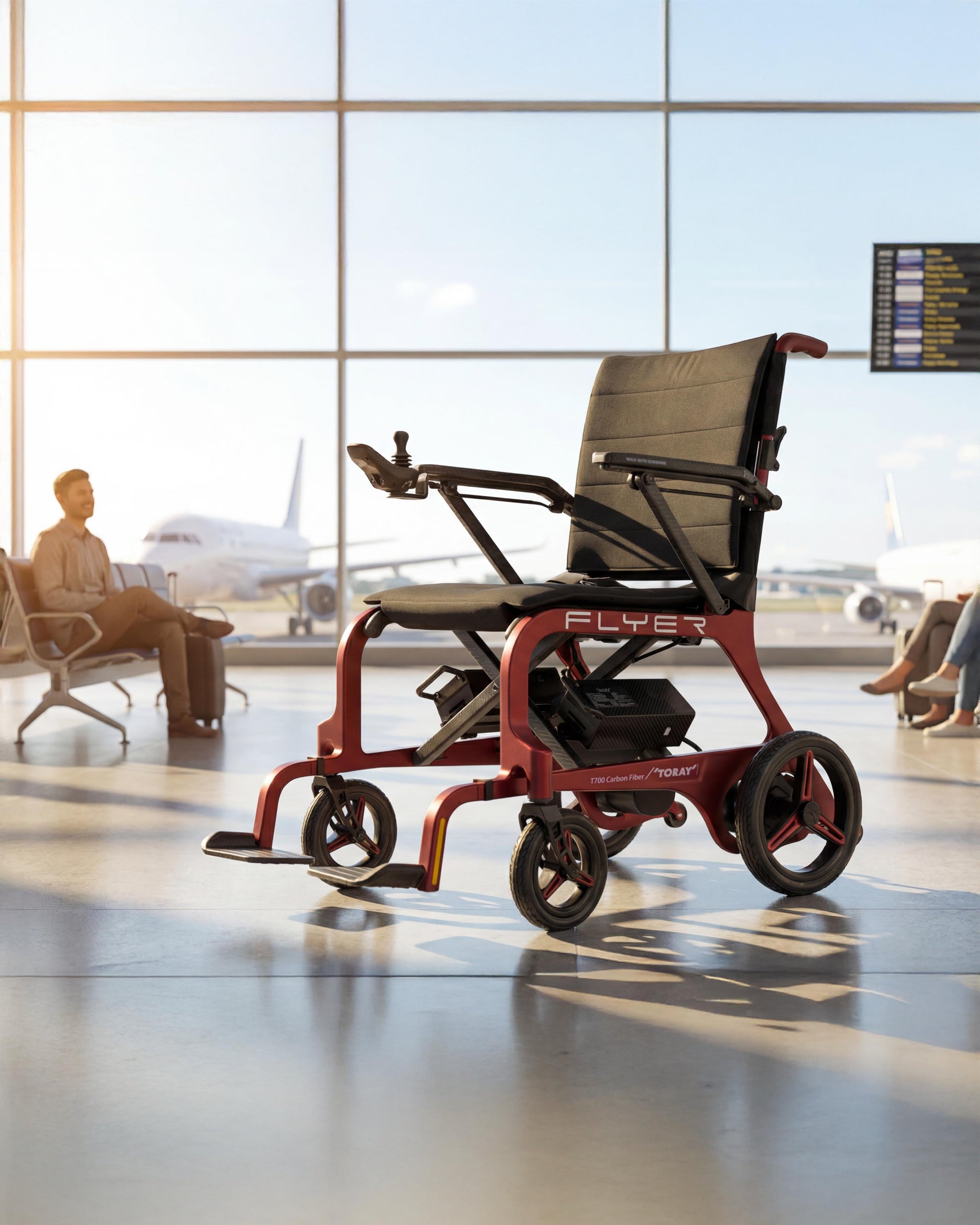 Monarch Mobility Flyer Power Wheelchair in Red in Airport