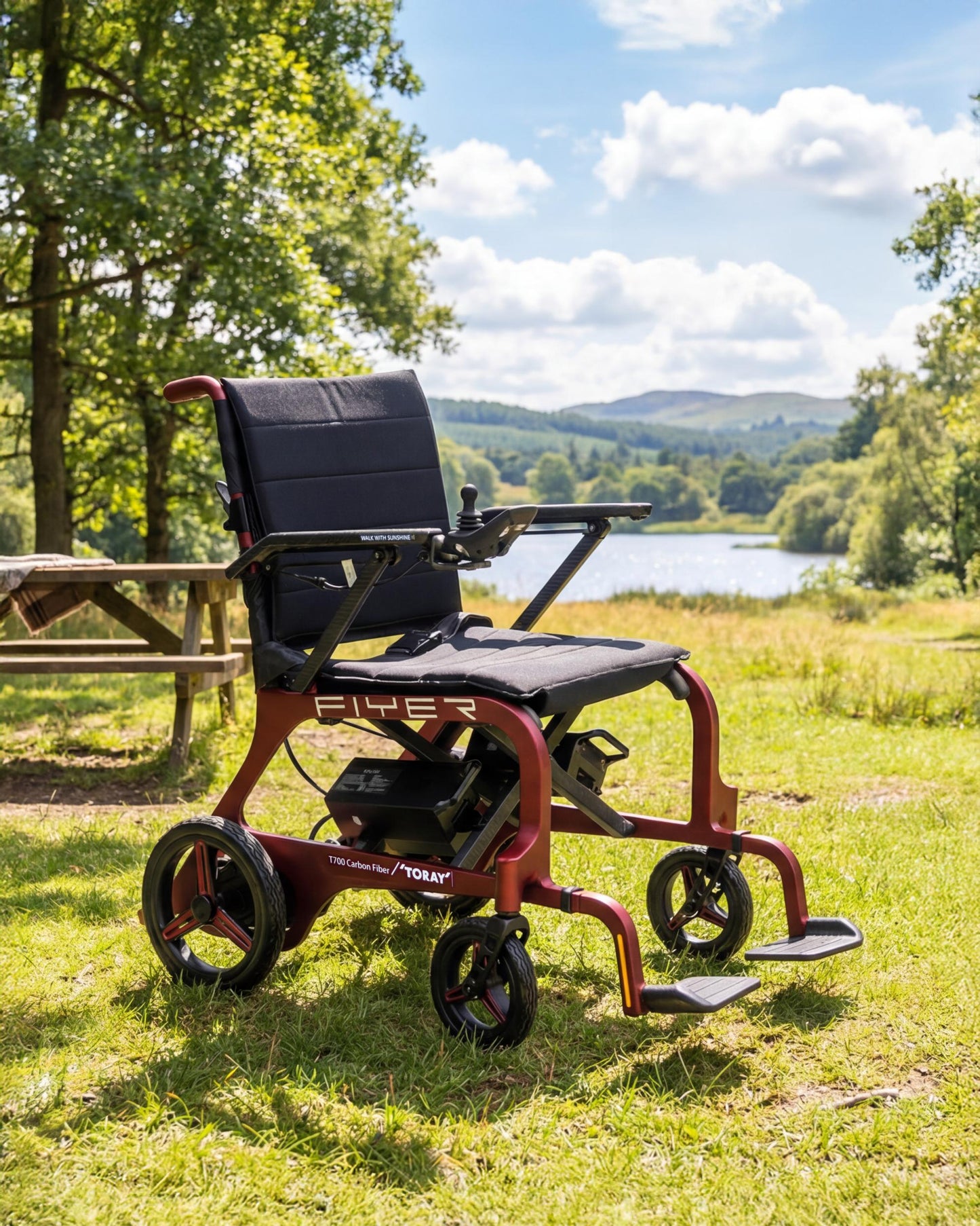 Monarch Mobility Flyer Power Wheelchair in Red in Park