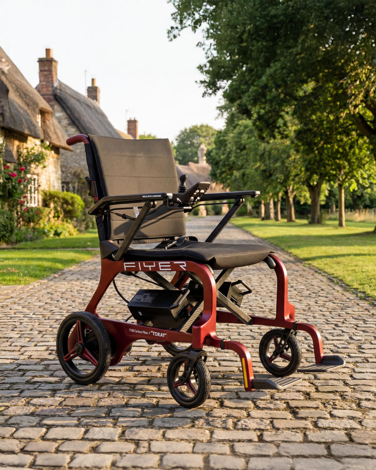 Monarch Mobility Flyer Power Wheelchair in Red on Sidwalk