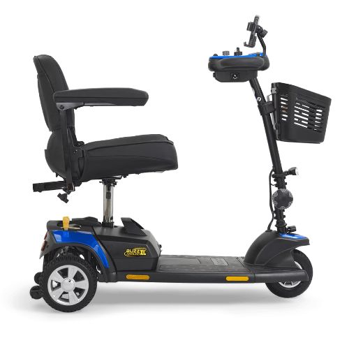 Golden Technologies Buzzaround XL 3-wheel (GB121B-STD) mobility scooter in blue, side view.