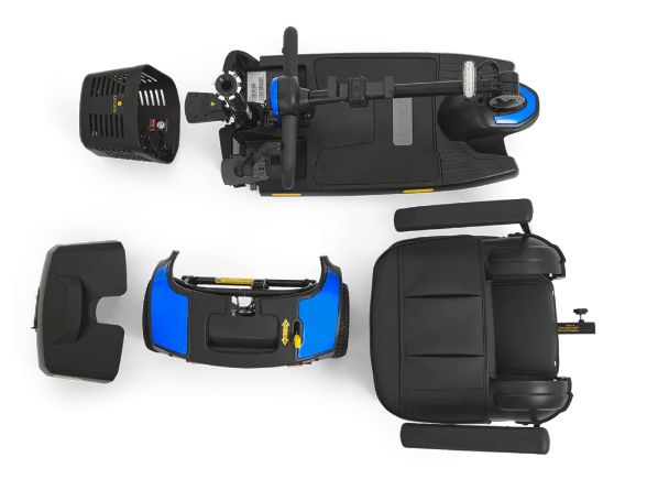 Golden Technologies Buzzaround XL 3-wheel (GB121B-STD) mobility scooter in blue, disassembled.