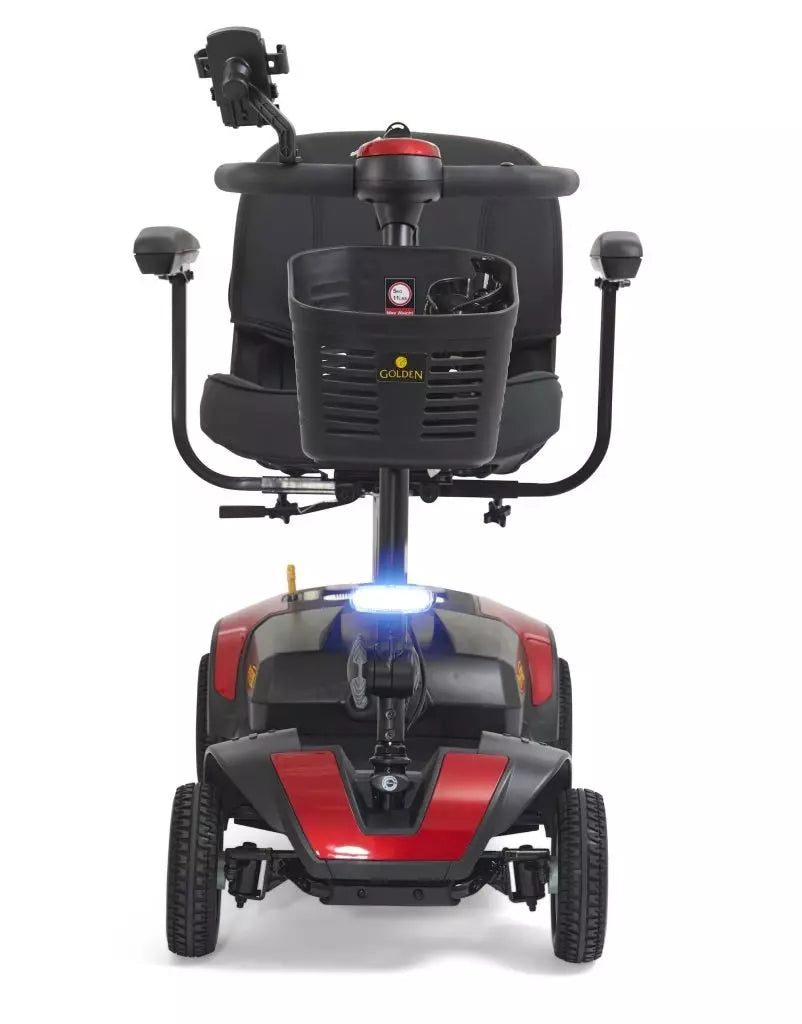 Golden Technologies Buzzaround XL 4-wheel (GB124A-STD) mobility scooter in red, front view.