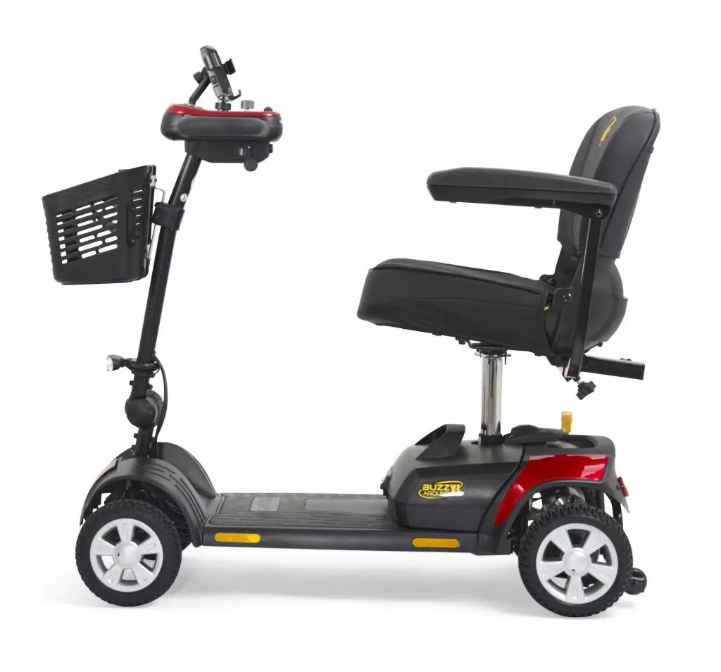 Golden Technologies Buzzaround XL 4-wheel (GB124A-STD) mobility scooter in red, side view.