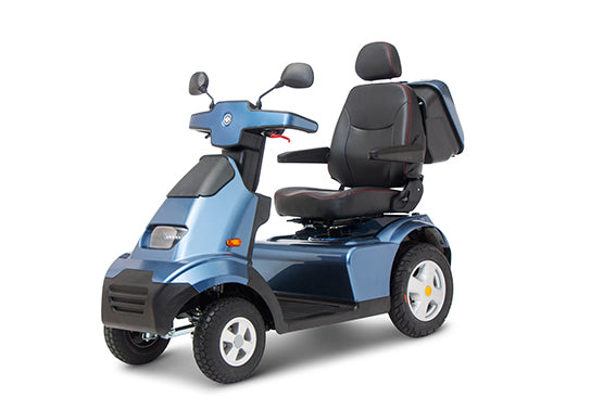 A blue Afikim Afiscooter S 4-Wheel mobility scooter with a black seat, displayed against a plain background.