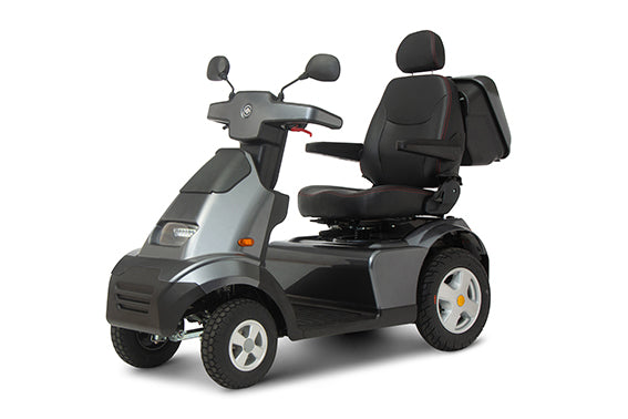 A grey Afikim Afiscooter S 4-Wheel mobility scooter with a black seat, displayed against a plain background.