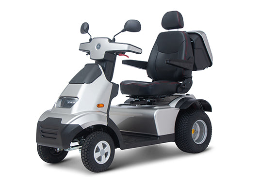 A silver Afikim Afiscooter S 4-Wheel mobility scooter with a black seat, displayed against a plain background.