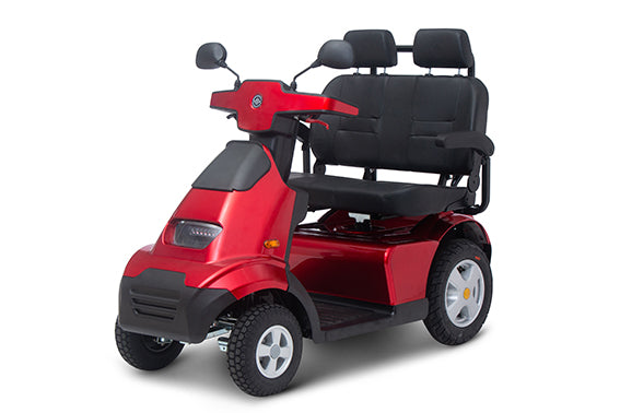 A red Afikim Afiscooter S4 Dual Seat mobility scooter with a black seat and silver accents.