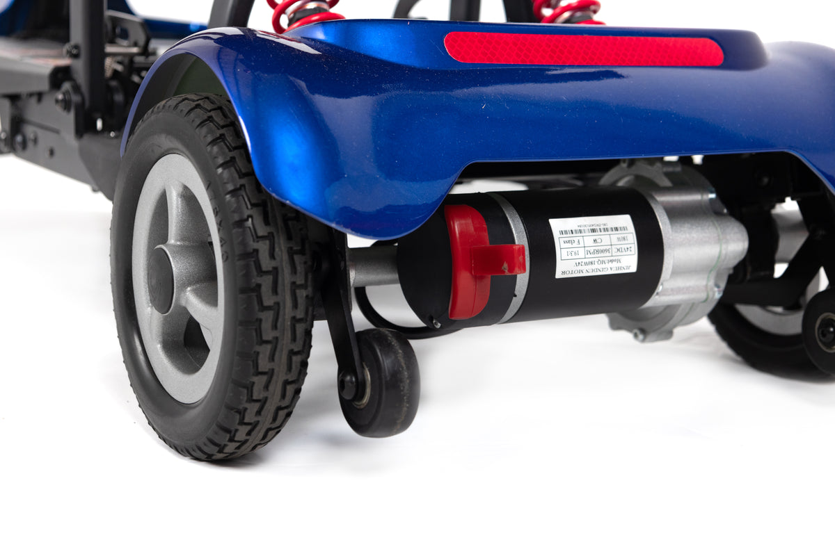 Monarch Mobility Genie Auto Folding Mobility Scooter in Blue Free Wheel Lever