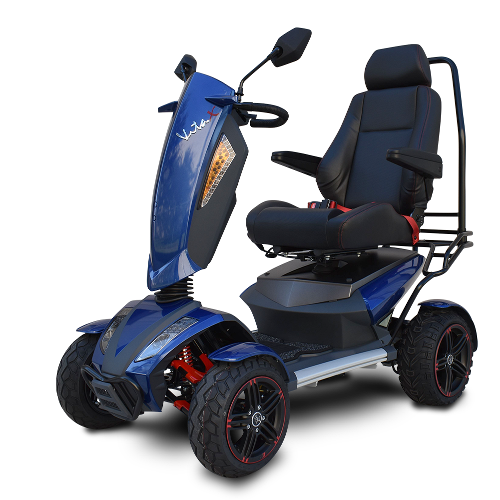 EV Rider Vita Monster heavy-duty mobility scooter in blue — 400 lb capacity outdoor scooter with dual battery system
