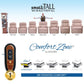 Recliner chair lineup with a person for scale, remote control, and Comfort Zone branding.