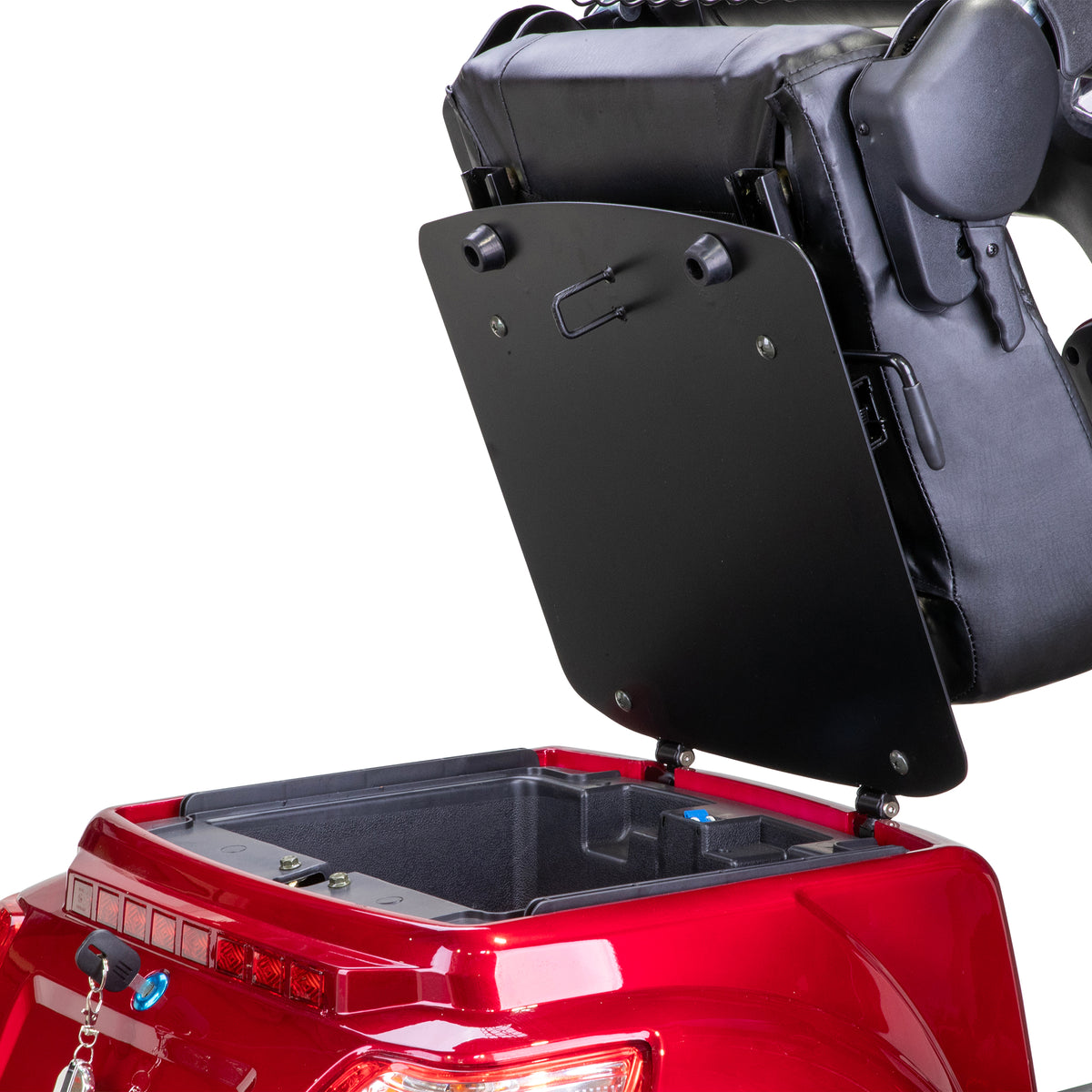Bespoke Prestige All-Terrain Recreational Mobility Scooter in Red Under Seat Compartment Opened