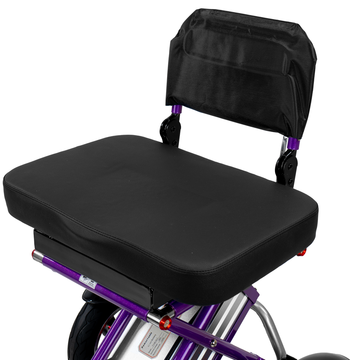 Enhance Mobility Triaxe Sport Folding Mobility Scooter in Purple Seat Close Up