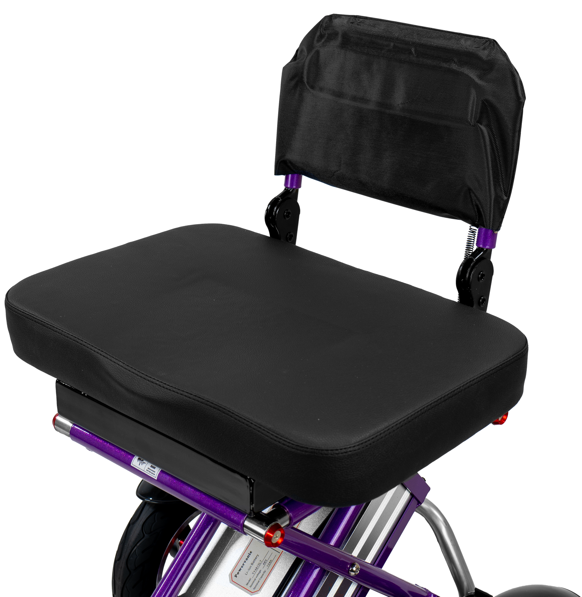Enhance Mobility Triaxe Sport Folding Mobility Scooter in Purple Seat Close Up