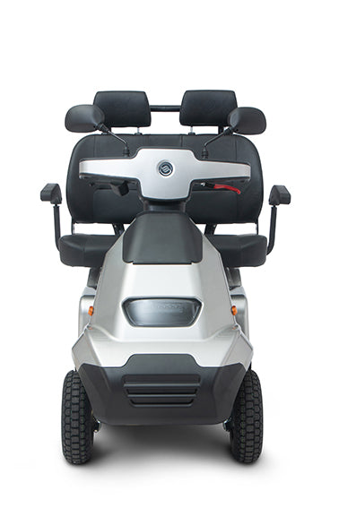 A grey Afikim Afiscooter S4 Dual Seat mobility scooter with a black seat and silver accents.