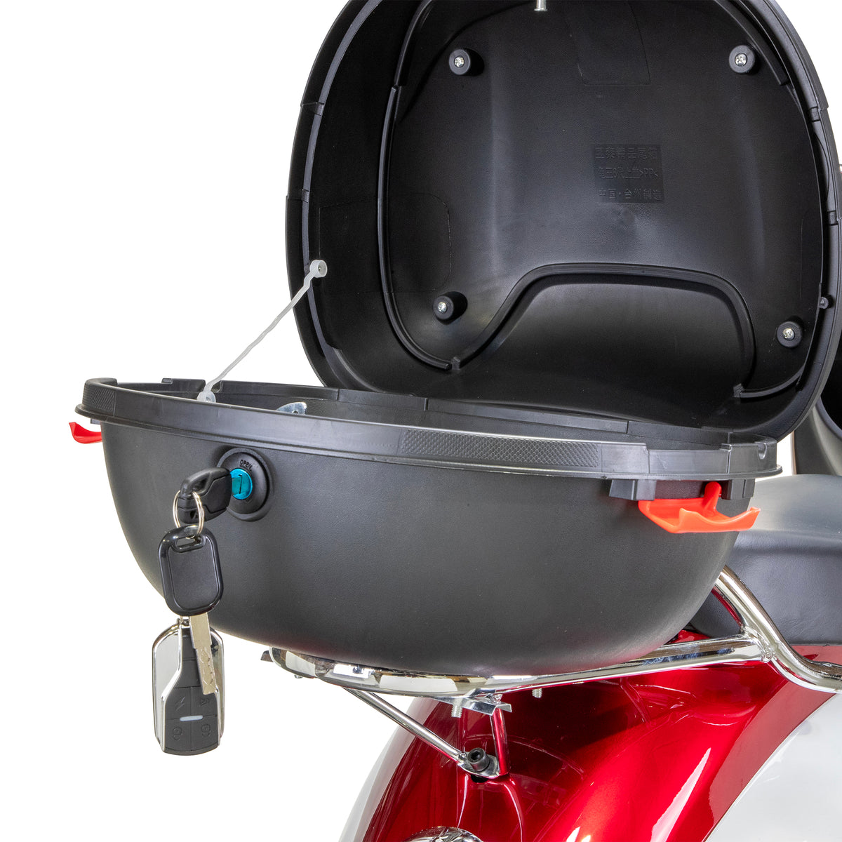 Bespoke Supreme 3-Wheel All-Terrain Recreational Mobility Scooter in Red and White Locking Compartment Opened